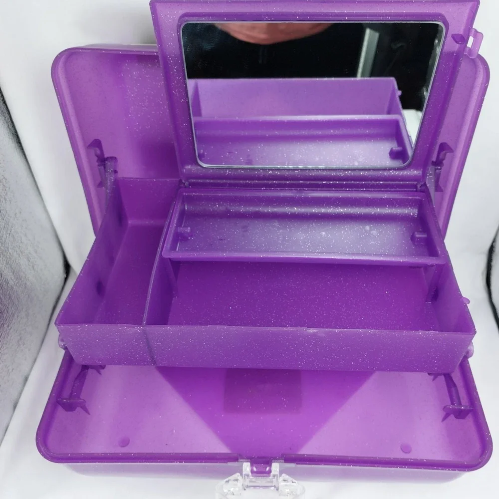 Easy Home Retro Cosmetic‎ Makeup Case Purple Glitter Mirror Removable Shelf